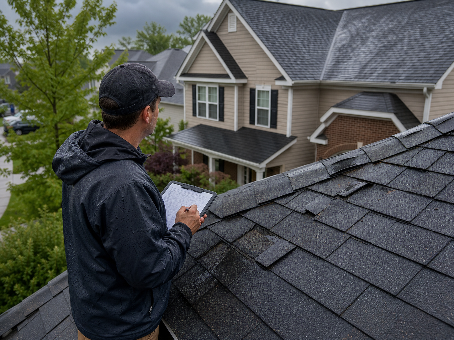 Roofer documenting minor wind damage after a DMV storm